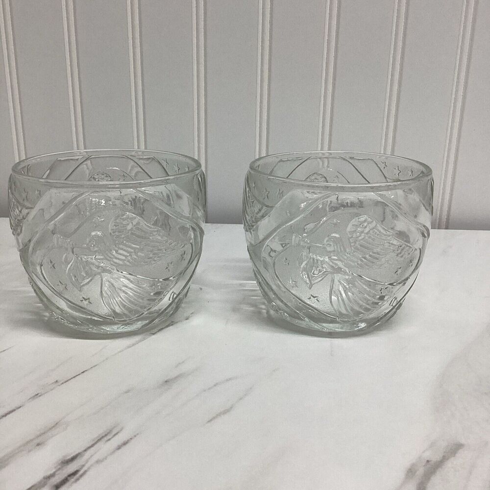 KIG INDONESIA CLEAR PRESSED GLASS VOTIVE CANDLE HOLDER ANGELS BLOWING HORNS GIFT